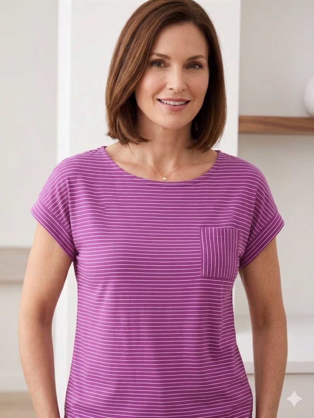 Talbots Short Sleeve Tee Shirt Stripe Knit Boatneck Button Back Purple NWT PL
